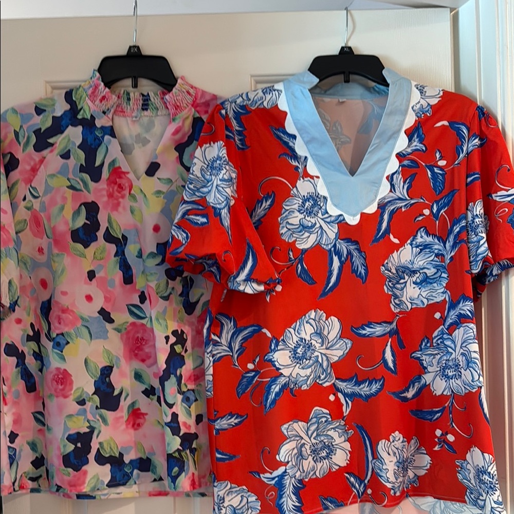 Floral Print Blouse - Red and Blue